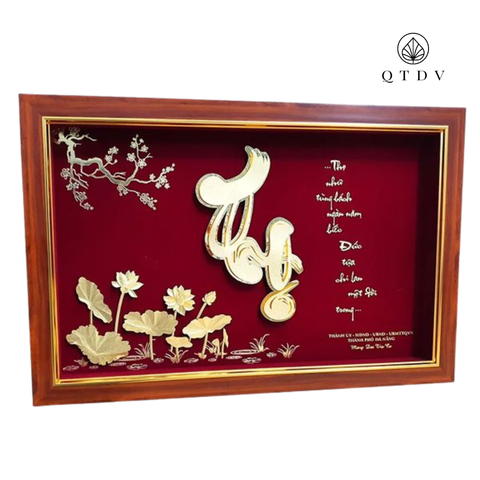 Tranh chữ Thọ hoa sen dát vàng 24k