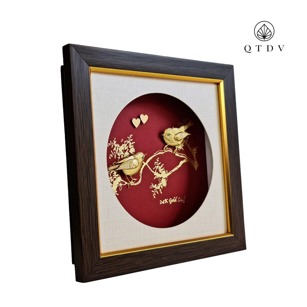 tranh đôi chim sẻ dát vàng