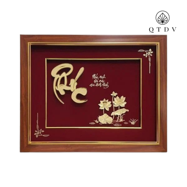 Tranh Chữ Phúc Hoa Sen dát vàng 24k