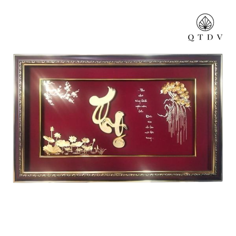 Tranh chữ Thọ hoa sen dát vàng 24k