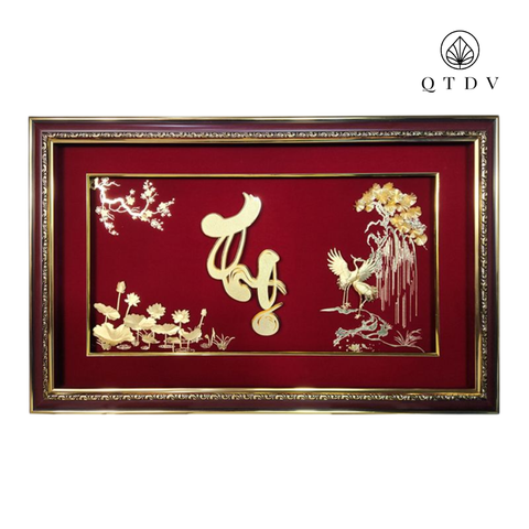 Tranh chữ Thọ hoa sen dát vàng 24k