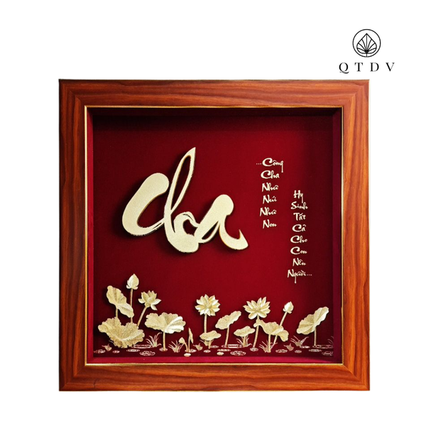 Tranh Chữ Cha hoa sen dát vàng 24k