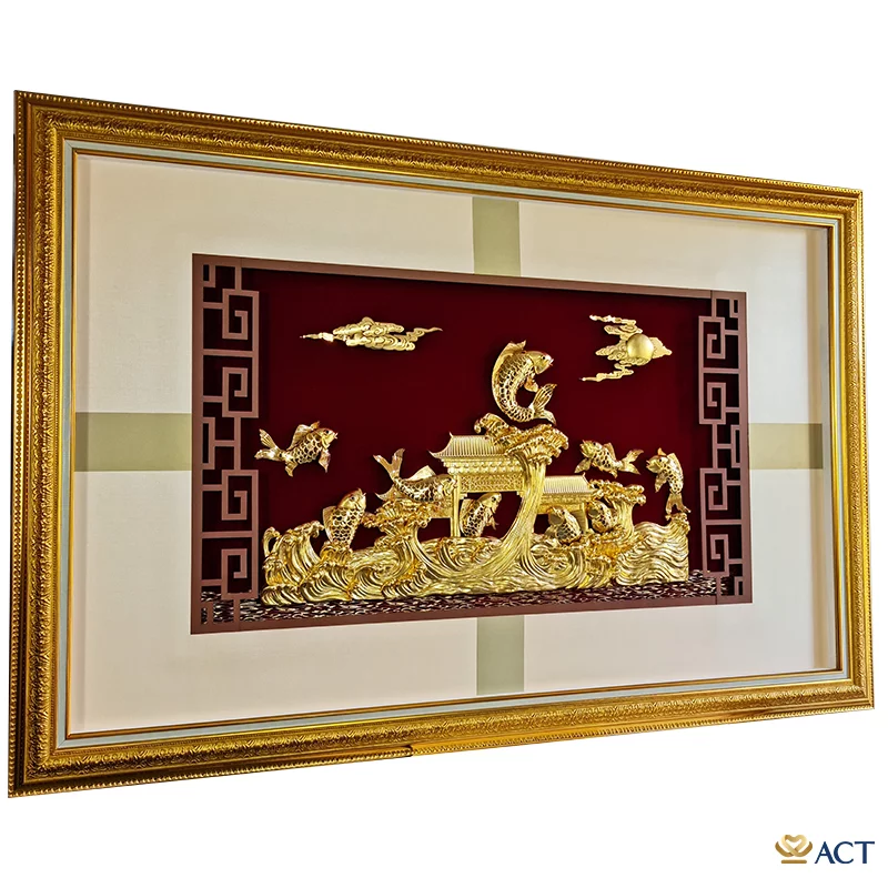 Tranh Cá Chép Vượt Vũ Môn dát vàng 24k (Mẫu 2)