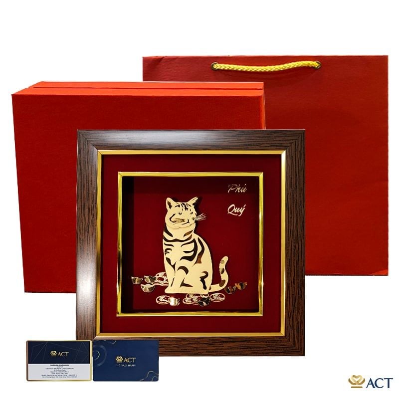 Quà tặng Tranh Mèo Phú Quý dát vàng 24k ACT GOLD ISO 9001:2015