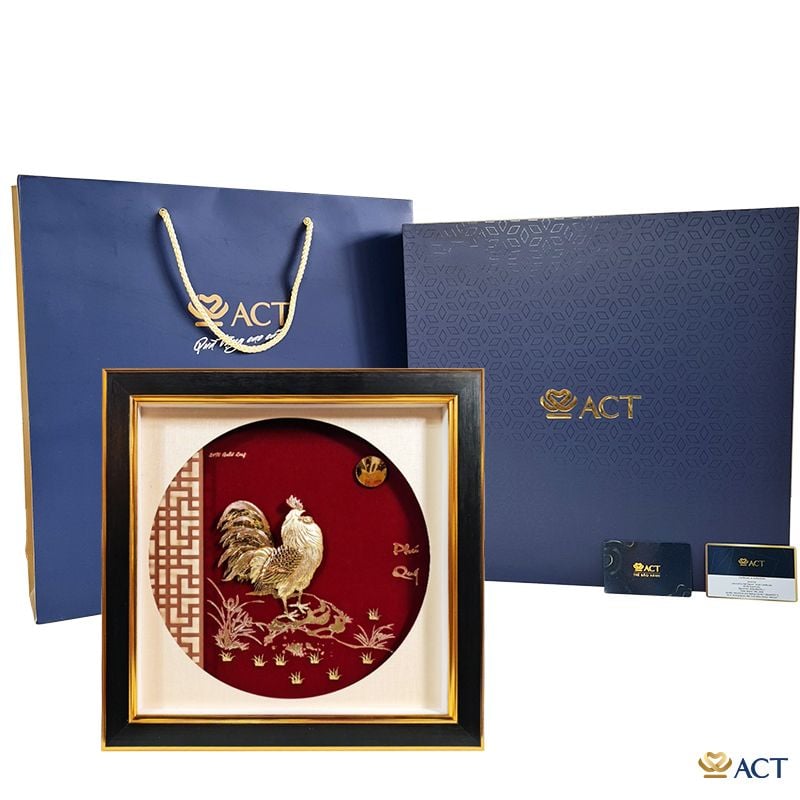 Quà tặng Tranh Gà Vàng Đại Cát dát vàng 24k ACT GOLD ISO 9001:2015