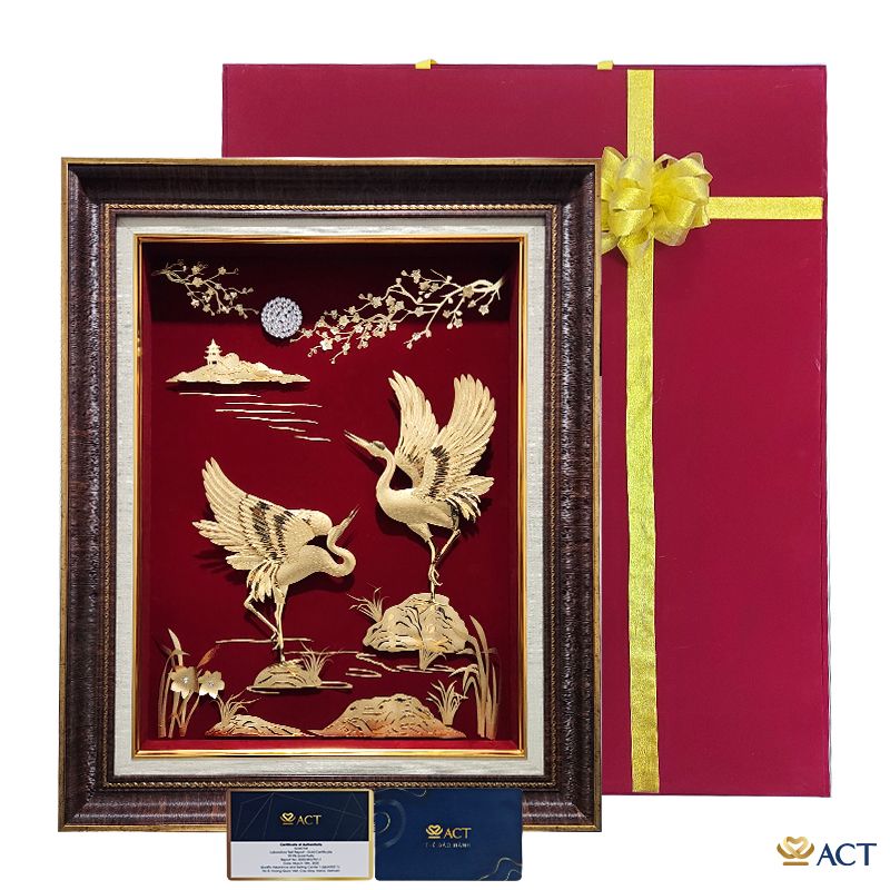 Tranh Mai Hạc Trường Xuân dát vàng 24k