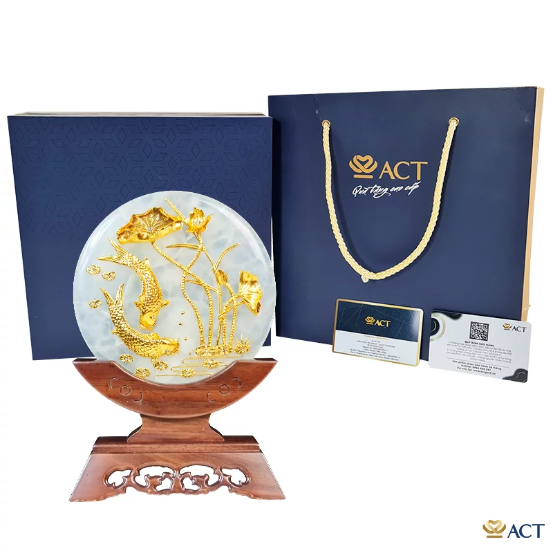 Đĩa Ngọc Cá Chép Hoa Sen dát vàng 24k (Mẫu 3)