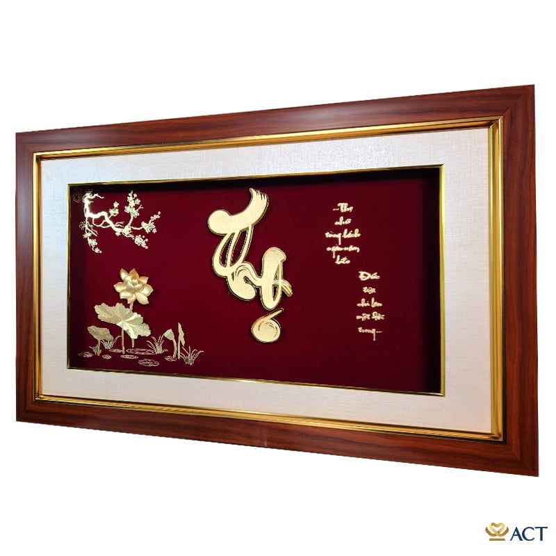 Quà tặng Tranh Chữ Thọ Hoa Sen dát vàng 24k ACT GOLD ISO 9001:2015