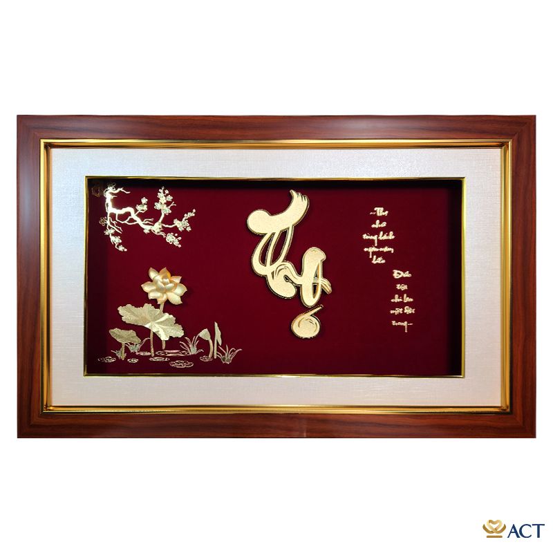 Quà tặng Tranh Chữ Thọ Hoa Sen dát vàng 24k ACT GOLD ISO 9001:2015