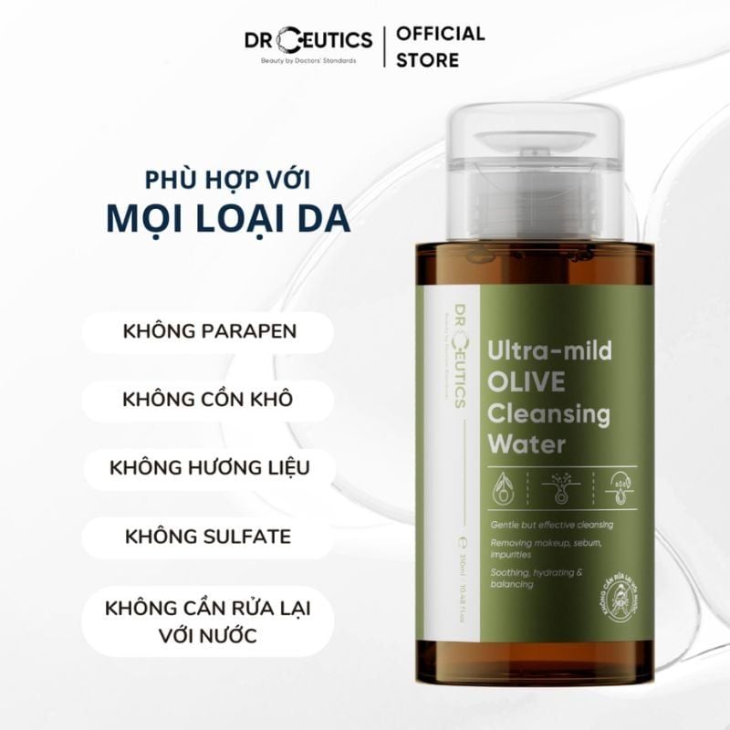Nước tẩy trang DrCeutics Ultra-mild Olive Cleansing Water Dịu Nhẹ, Làm Sạch Sâu Từ Tinh Chất Ô Liu, chai 310 ml