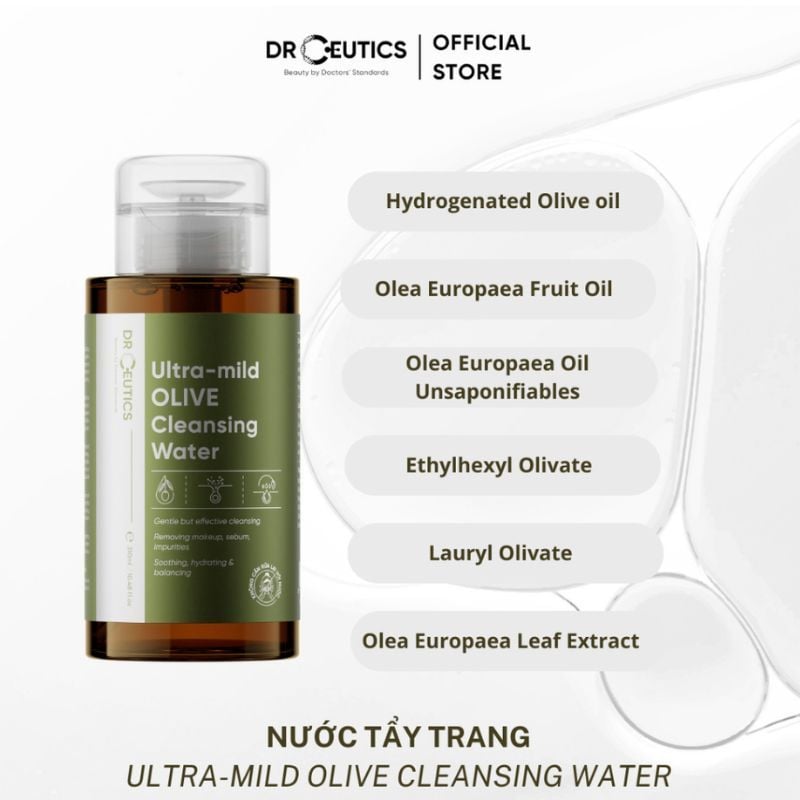 Nước tẩy trang DrCeutics Ultra-mild Olive Cleansing Water Dịu Nhẹ, Làm Sạch Sâu Từ Tinh Chất Ô Liu, chai 310 ml