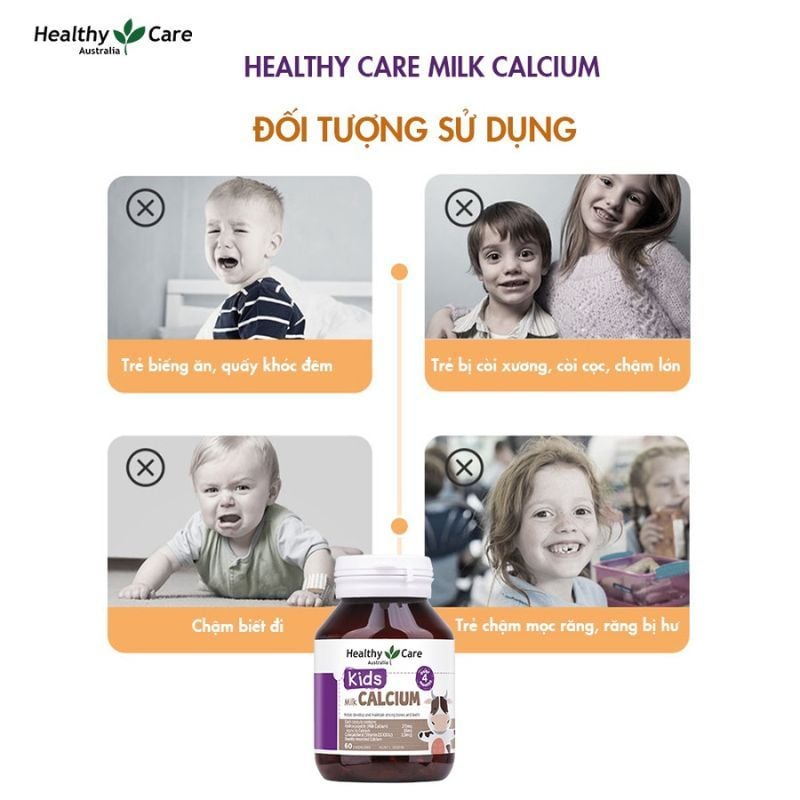 Viên uống canxi sữa Milk Calcium Healthy Care Úc 60 viên cho bé từ 4 tháng