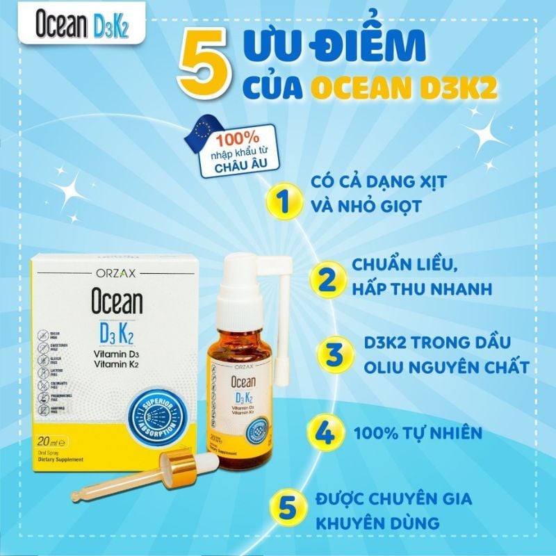 Ocean D3K2 dạng xịt - Bổ sung vitamin D3K2 giúp xương chắc khoẻ cho trẻ sơ sinh và trẻ nhỏ, chai 30ml