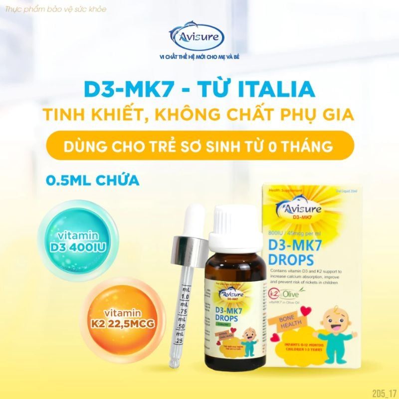 Vitamin D3K2 Avisure Drops 20ml - Bí Quyết Giúp Xương Chắc Khoẻ Cho Trẻ Từ 0 Tháng Tuổi