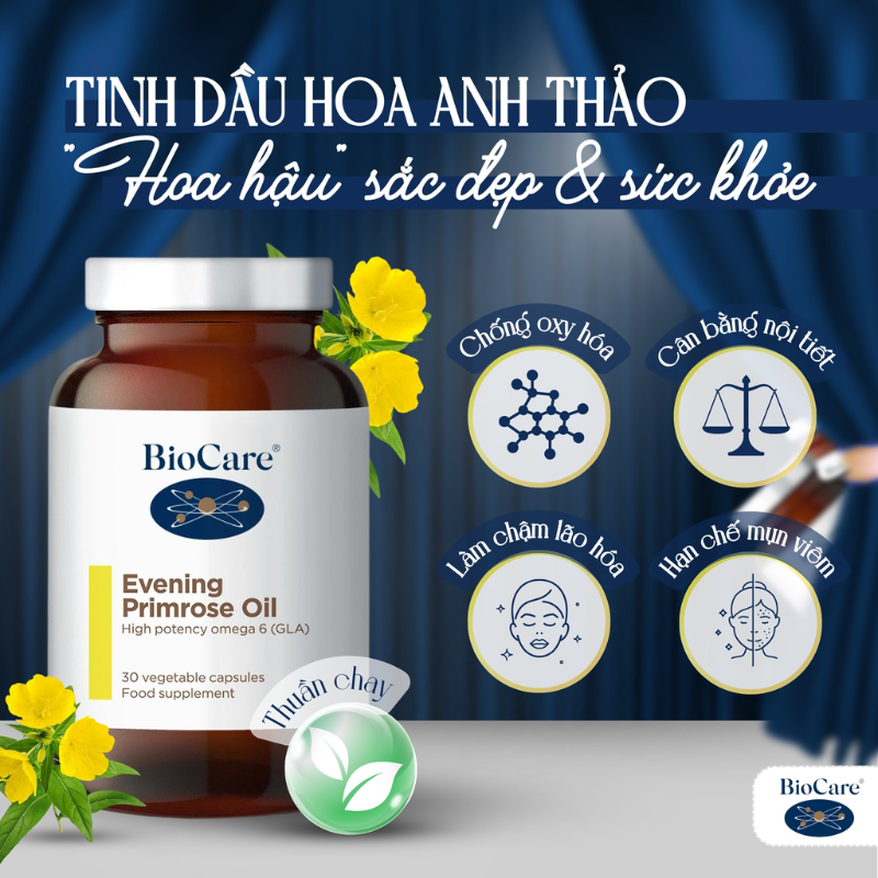 Tinh Dầu Hoa Anh Thảo BioCare - Hỗ Trợ Cân Bằng Nội Tiết Từ Anh Quốc, Hộp 30 Viên