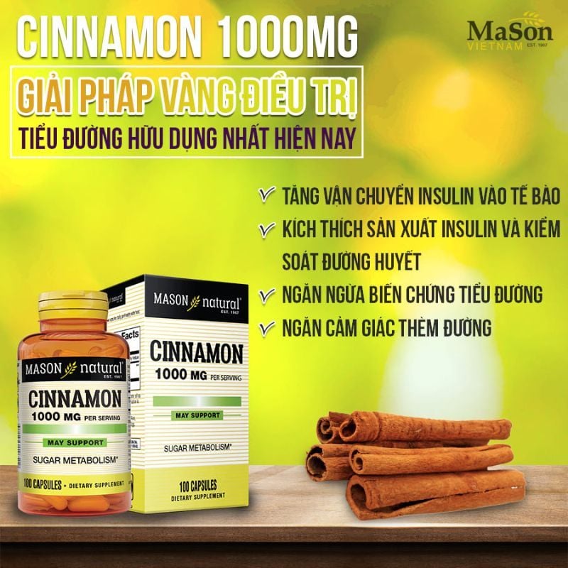 Mason Natural Cinnamon 1000mg - Hỗ Trợ Kiểm soát Đường Huyết Hiệu Quả Cho Người Bị Tiểu Đường