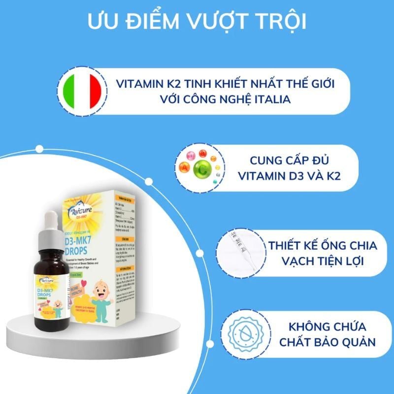 Vitamin D3K2 Avisure Drops 20ml - Bí Quyết Giúp Xương Chắc Khoẻ Cho Trẻ Từ 0 Tháng Tuổi