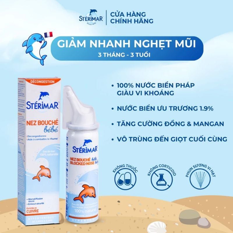 Xịt mũi cá heo màu cam Sterimar Blocked Nose Baby - Giảm nghẹt mũi, sổ mũi cho trẻ từ 3 tháng tuổi, Chai 50ml