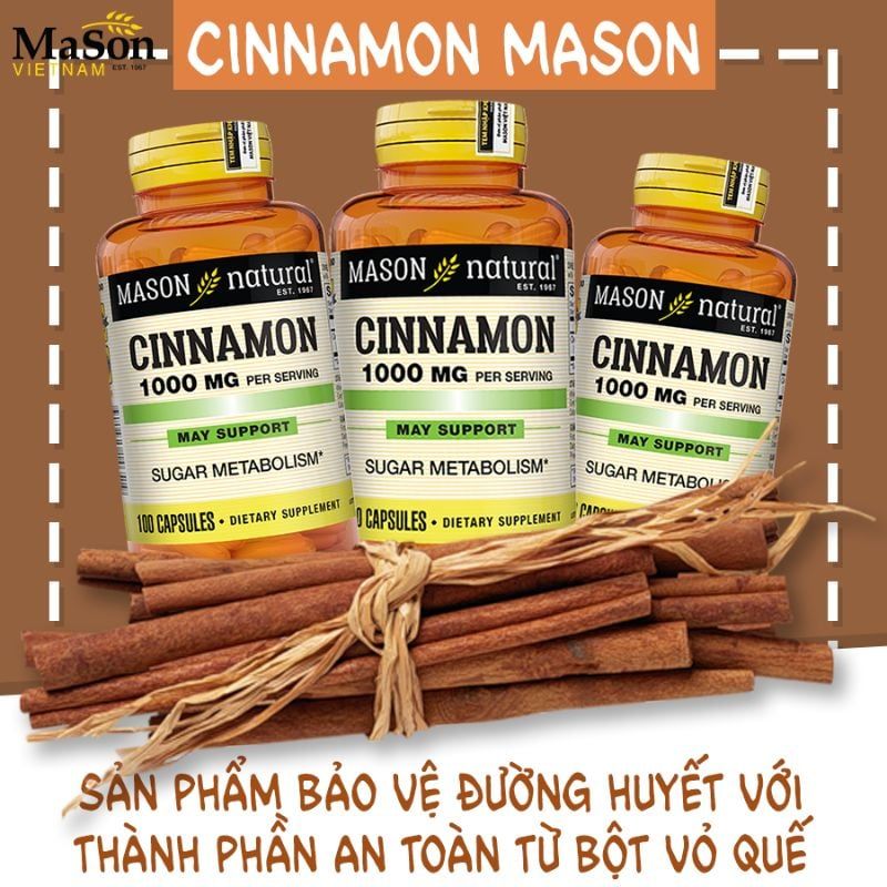 Mason Natural Cinnamon 1000mg - Hỗ Trợ Kiểm soát Đường Huyết Hiệu Quả Cho Người Bị Tiểu Đường