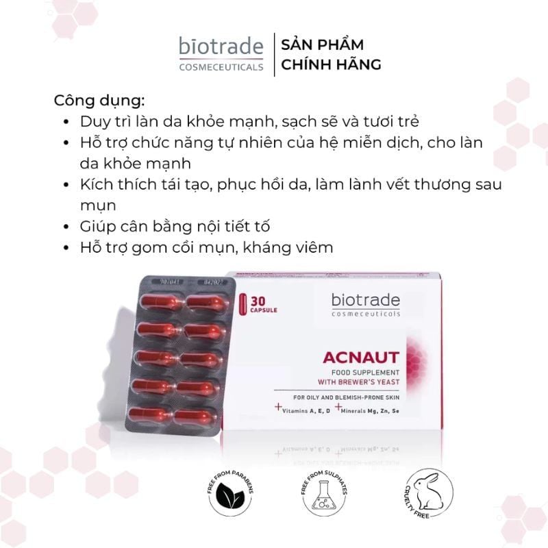 Viên uống Biotrade Acnaut - Giảm mụn, kiềm dầu hiệu quả từ men bia & vitamin