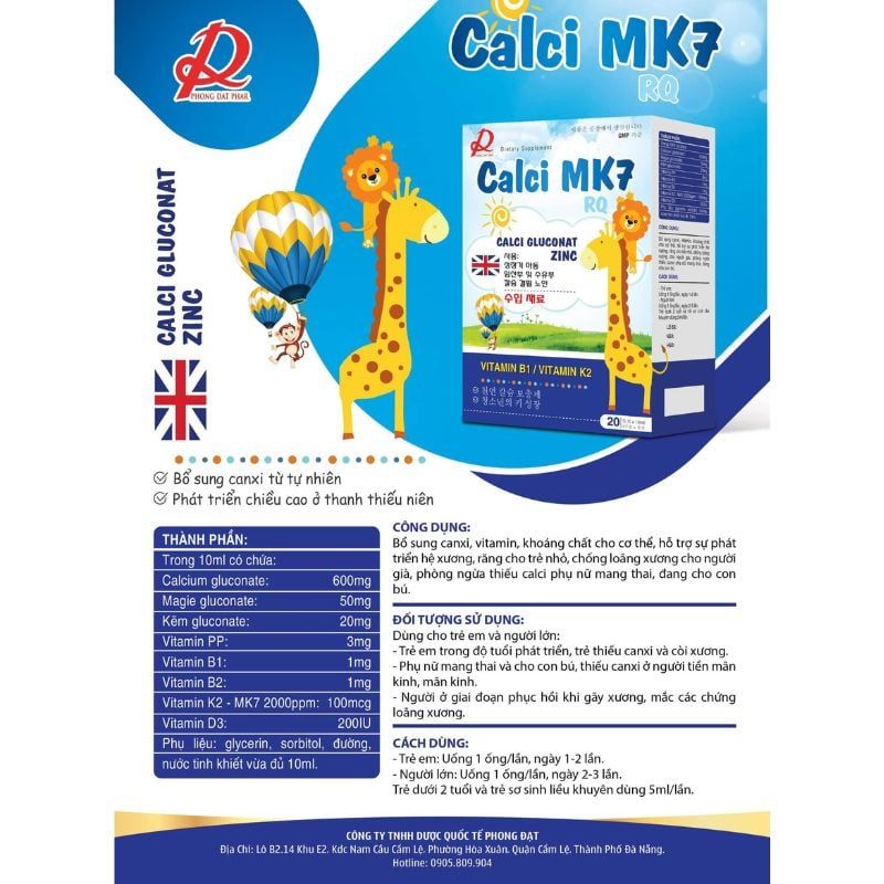 Calci MK7 RQ - Bổ sung Canxi hữu cơ, kết hợp vitamin D3K2 cho trẻ từ 2 tuổi, Hộp 20 ống