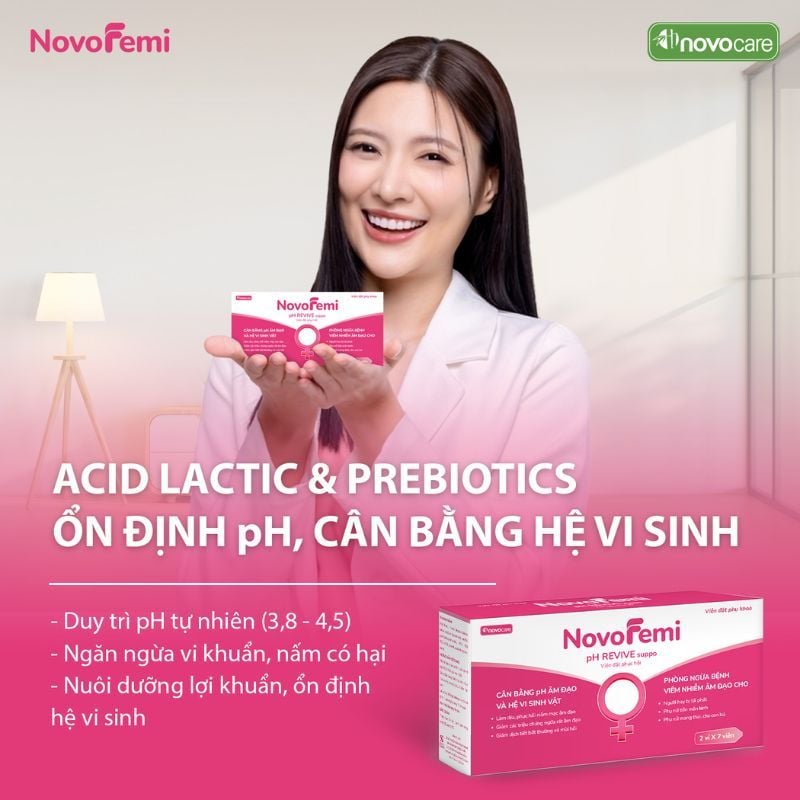 Viên đặt Novofemi pH revive suppo, giúp giảm ngứa, khử mùi và phòng ngừa viêm nhiễm phụ khoa (Hộp 2 vỉ x 7 viên)