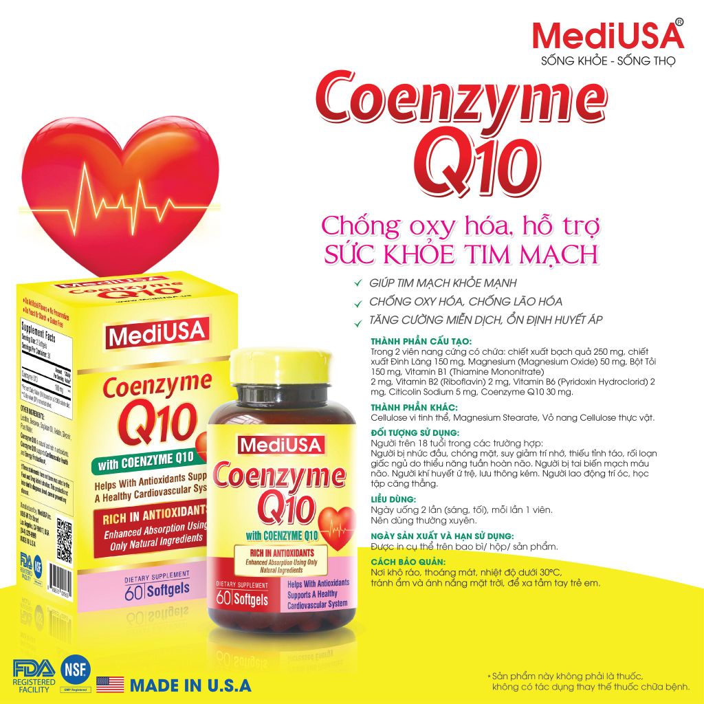 Viên uống Mediusa Coenzyme Q10 - Giải pháp toàn diện cho sức khỏe tim mạch, hộp 30 viên