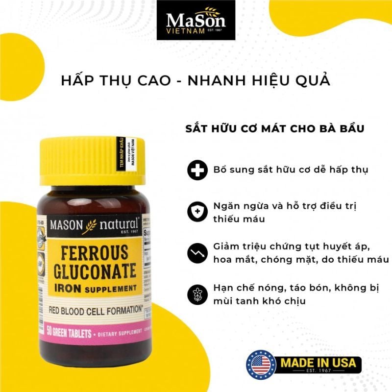 Sắt Ferrous Gluconate Mason - Ngăn ngừa thiếu máu thiếu sắt hiệu quả cho mẹ bầu
