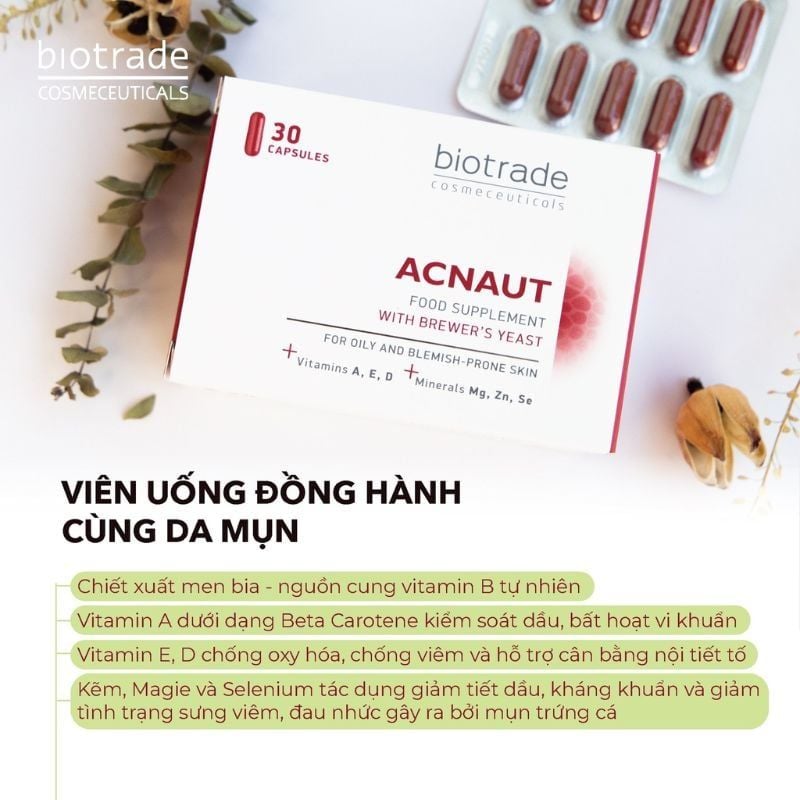 Viên uống Biotrade Acnaut - Giảm mụn, kiềm dầu hiệu quả từ men bia & vitamin