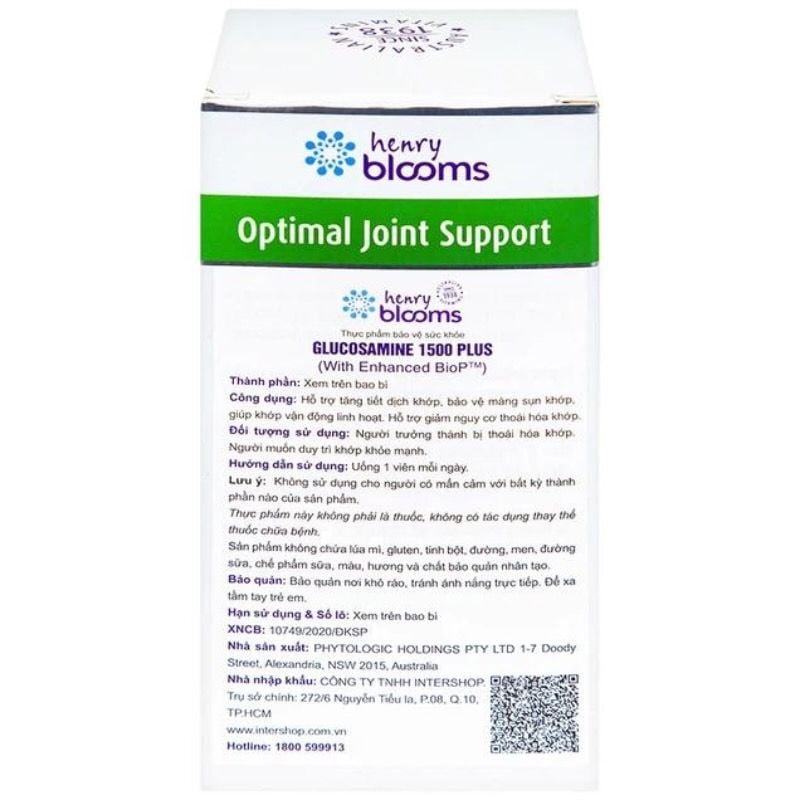 Viên uống bổ xương khớp Glucosamine 1500 Plus - Henry Blooms của Úc, tăng tiết dịch khớp, bảo vệ màng sụn khớp, giảm viêm khớp