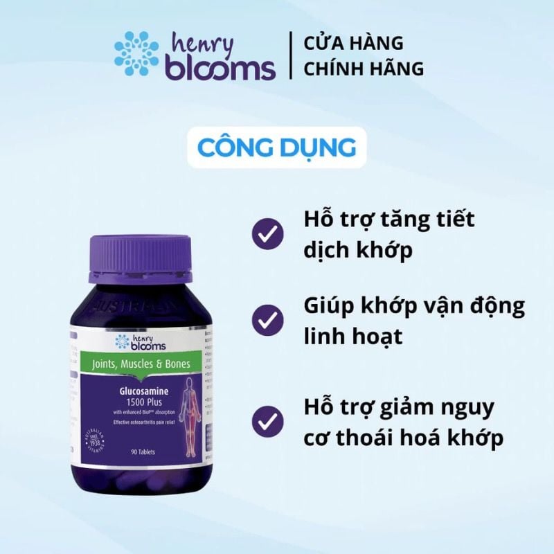 Viên uống bổ xương khớp Glucosamine 1500 Plus - Henry Blooms của Úc, tăng tiết dịch khớp, bảo vệ màng sụn khớp, giảm viêm khớp