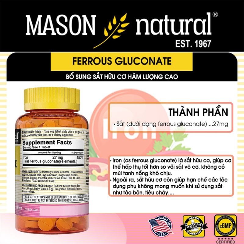 Sắt Ferrous Gluconate Mason - Ngăn ngừa thiếu máu thiếu sắt hiệu quả cho mẹ bầu