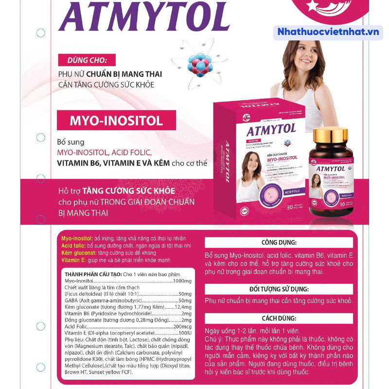 ATMYTOL - Viên uống tăng chất lượng trứng (bổ trứng) và cải thiện khả năng mang thai ở nữ, hộp 30 viên