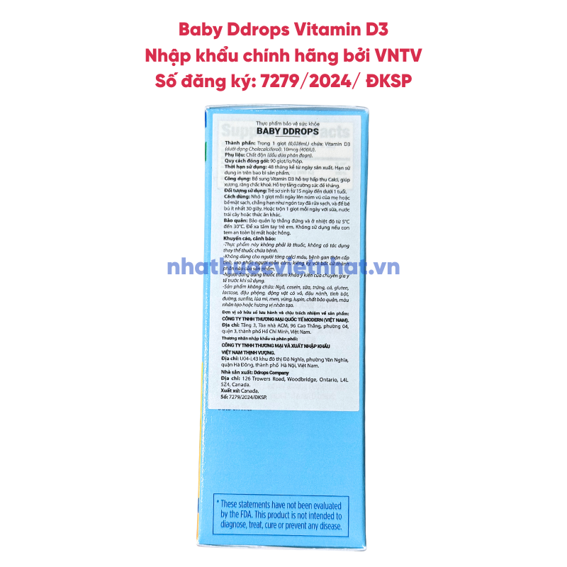 Baby Ddrops Vitamin D3 - Vitamin D3 thuần nhỏ giọt cho trẻ sơ sinh, lọ 90 giọt (90 ngày), nhập khẩu chính hãng.