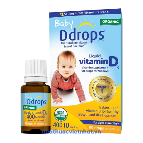 Baby Ddrops Vitamin D3 - Vitamin D3 thuần nhỏ giọt cho trẻ sơ sinh, lọ 90 giọt (90 ngày), nhập khẩu chính hãng.