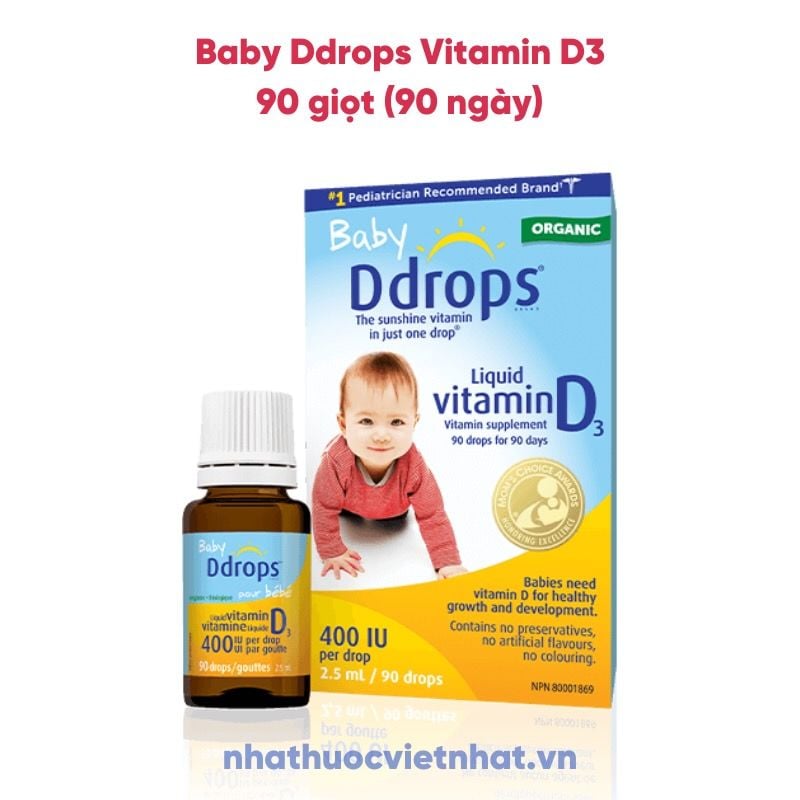 Baby Ddrops Vitamin D3 - Vitamin D3 thuần nhỏ giọt cho trẻ sơ sinh, lọ 90 giọt (90 ngày), nhập khẩu chính hãng.