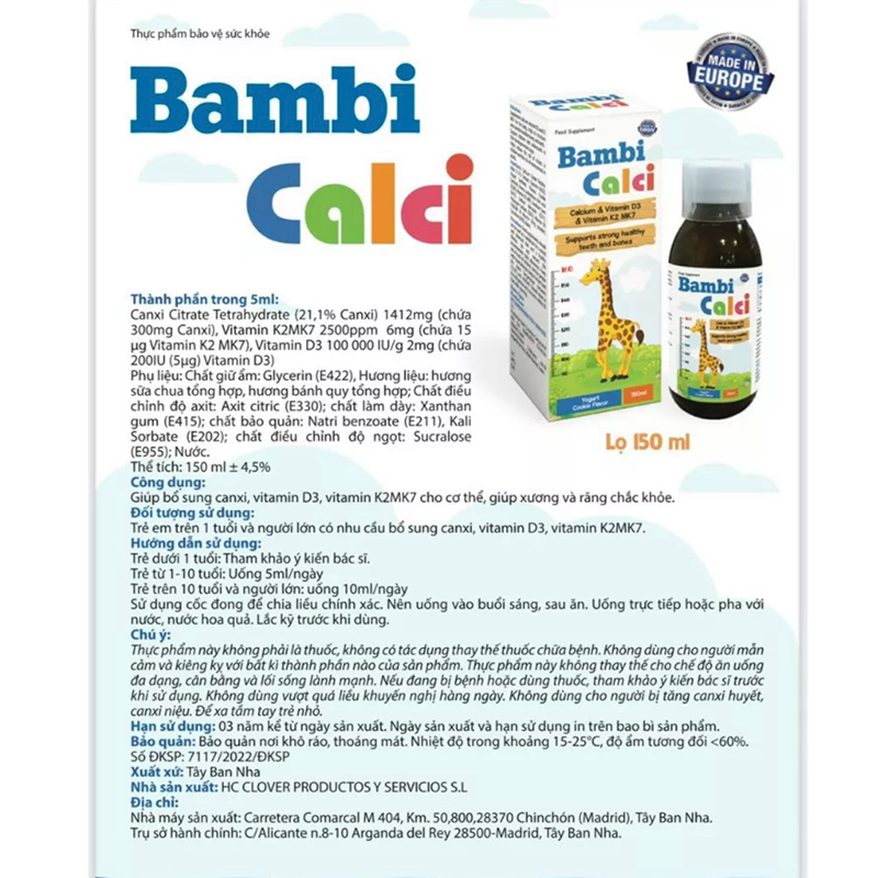 Bambi Calci - Bổ sung Canxi, Vitamin D3 và Vitamin K2MK7 cho trẻ, Chai 150ml