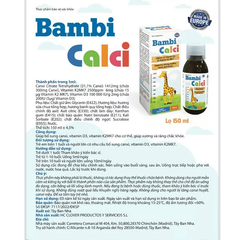 Bambi Calci - Bổ sung Canxi, Vitamin D3 và Vitamin K2MK7 cho trẻ, Chai 150ml