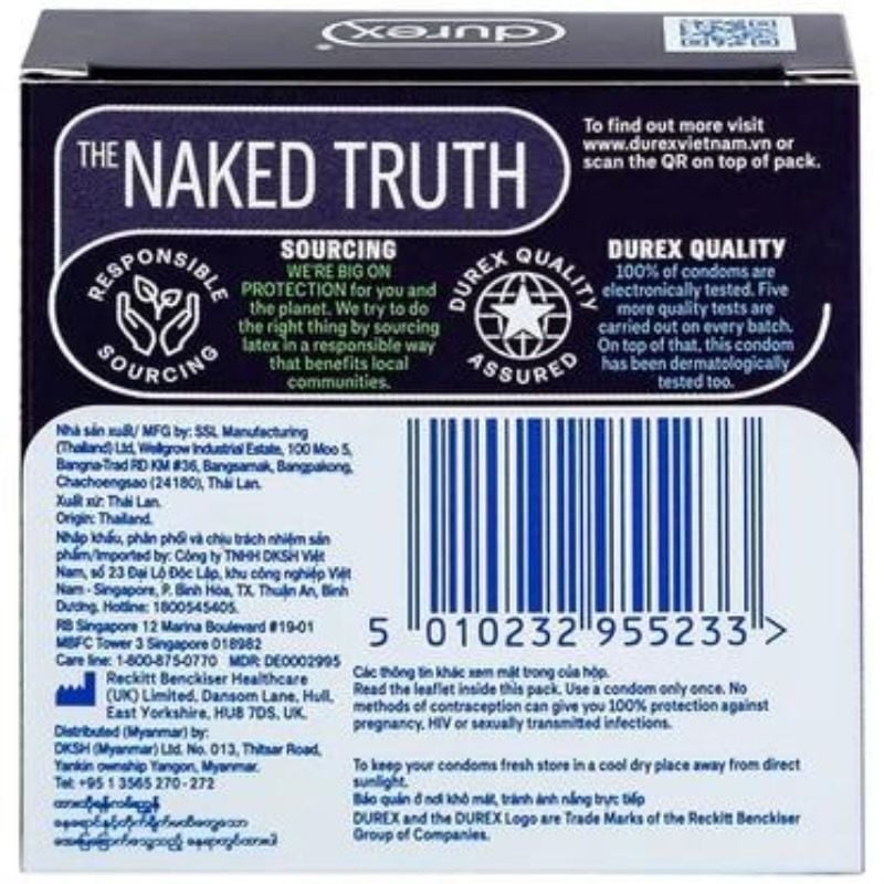 Bao cao su Durex Performa kéo dài thời gian quan hệ, chứa gel bôi trơn, size 52mm
