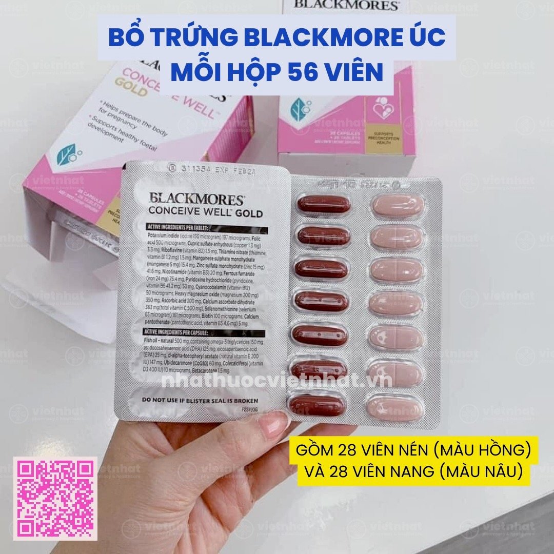 nhathuocvietnhat.vn - Bổ trứng Blackmores Conceive Well Gold gồm 56 viên, 28 viên nang màu nâu và 28 viên nén màu hồng