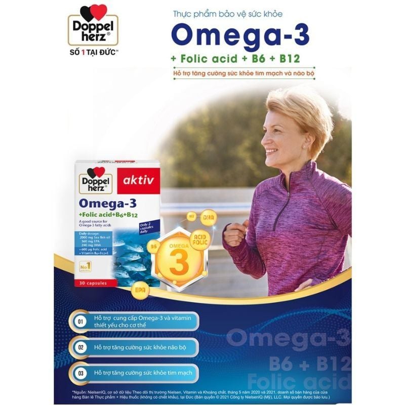 Viên dầu cá Aktiv Omega 3 Doppelherz bổ sung vitamin, tăng cường thị lực (30 viên)