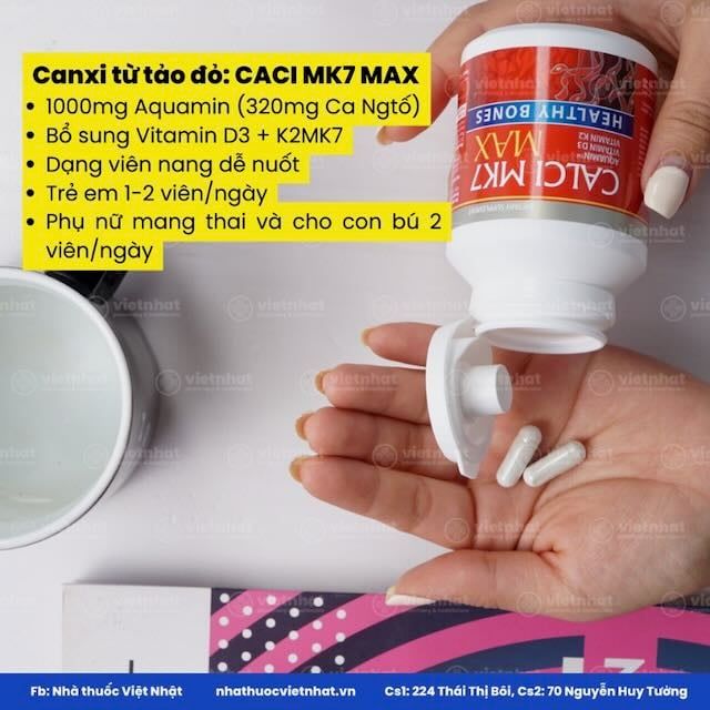 Calci MK7 Max - Bổ sung canxi hữu cơ từ tảo biển đỏ, kết hợp với vitamin D3 và K2MK7, hộp 60 viên