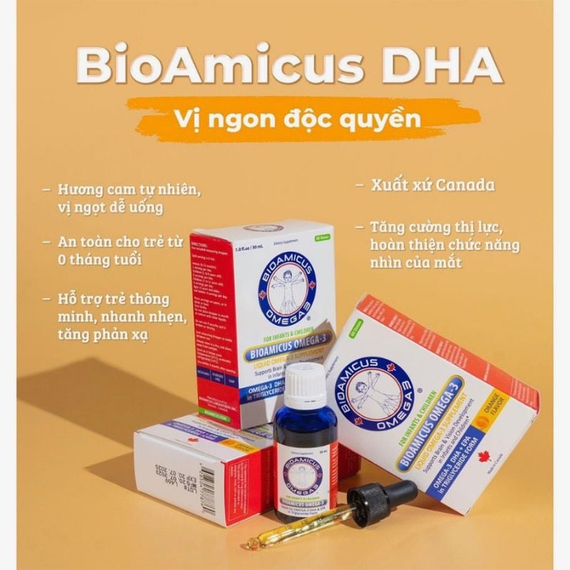 BioAmicus Omega 3 - DHA nhỏ giọt cho trẻ sơ sinh, không tanh, vị ngon, nhập khẩu Canada