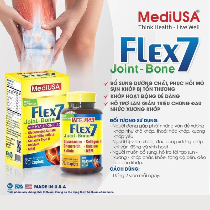 Viên bổ xương khớp MediUSA Flex 7 Joint-Bone - Giải pháp toàn diện cho sức khỏe xương khớp, Hộp 30 viên