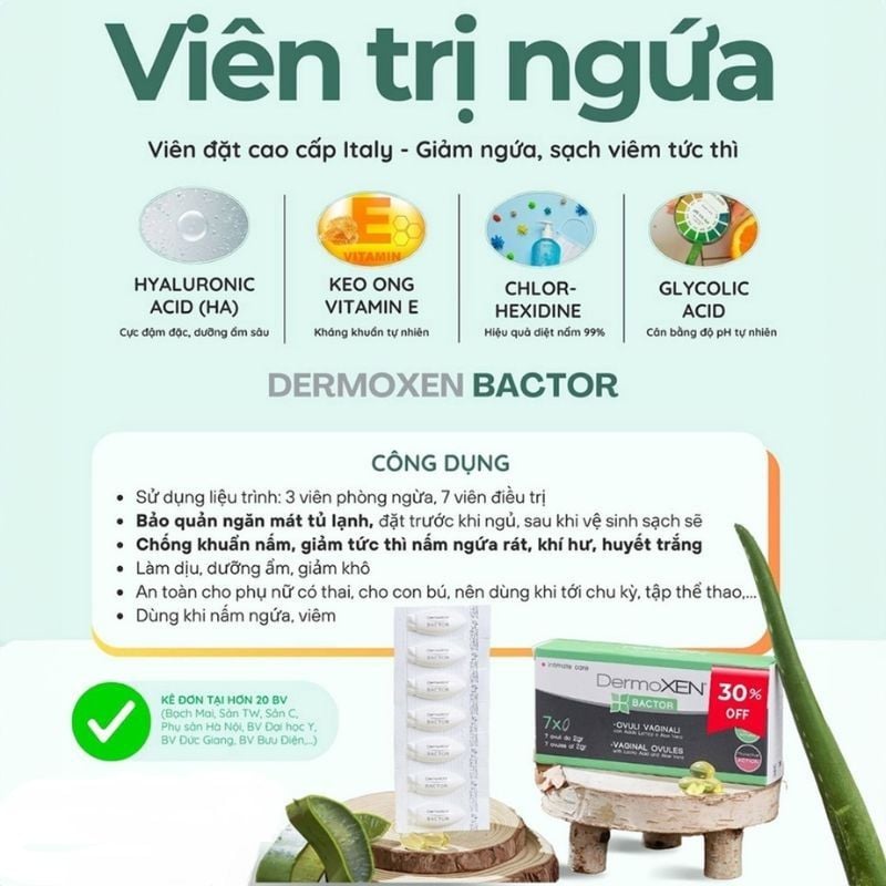 Viên đặt phụ khoa DermoXEN Bactor của Ý - Hộp 7 viên
