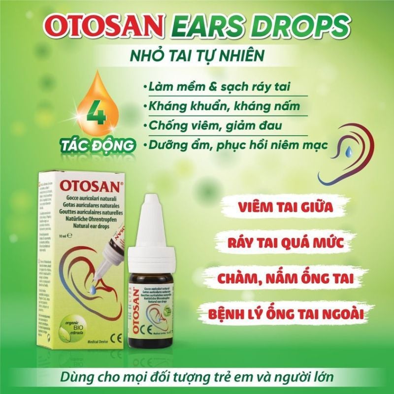 Dung dịch nhỏ tai Otosan Ear Drops giúp kháng khuẩn, chống viêm và giảm đau tai, lọ 10ml