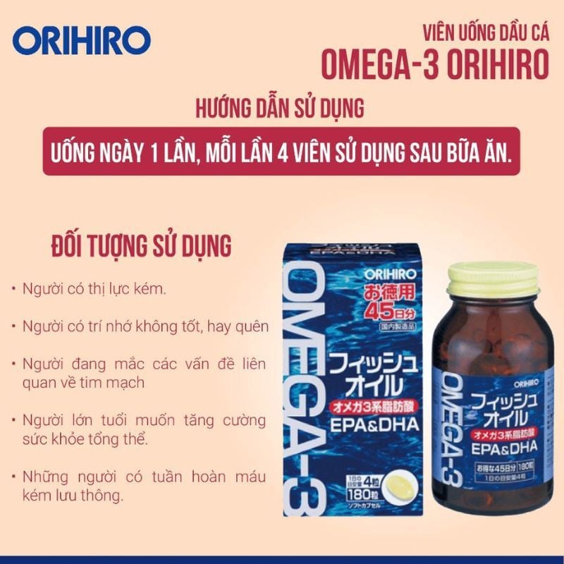 Viên uống dầu cá Omega 3 Orihiro Nhật - Giải pháp tối ưu cho tim mạch, não bộ và thị lực, hộp 180 viên