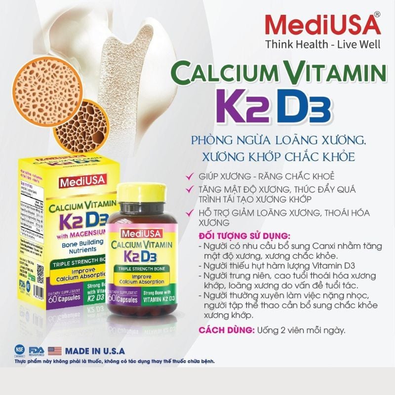 Viên uống bổ sung canxi của Mỹ MediUSA Calcium Vitamin K2 D3 - Giúp xương chắc khoẻ, ngăn ngừa loãng xương ở người lớn tuổi, hộp 30 viên
