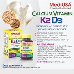 Viên uống bổ sung canxi của Mỹ MediUSA Calcium Vitamin K2 D3 - Giúp xương chắc khoẻ, ngăn ngừa loãng xương ở người lớn tuổi, hộp 30 viên