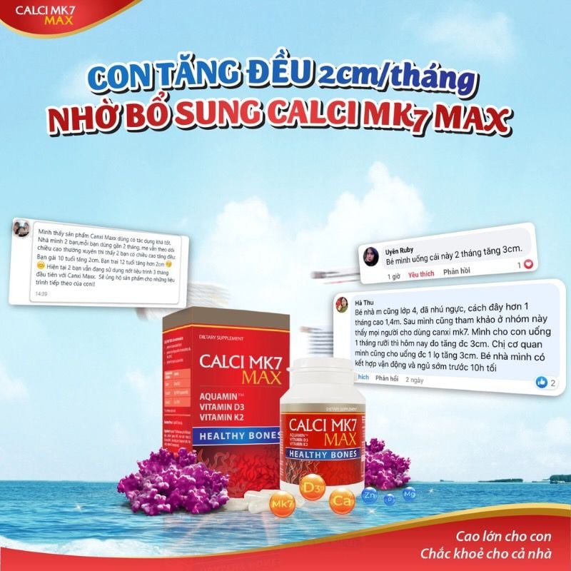 Calci MK7 Max - Bổ sung canxi hữu cơ từ tảo biển đỏ, kết hợp với vitamin D3 và K2MK7, hộp 60 viên